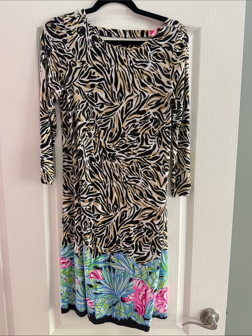 Lilly Pulitzer Black, Cream & Pink Animal Print Midi Dress with Floral Border